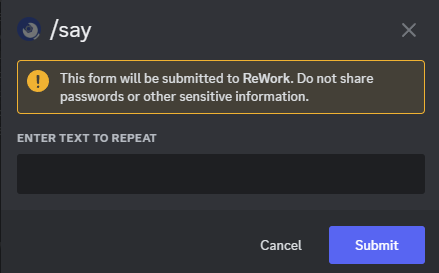 A modal on screen has the Field 1 set as "Enter text to repeat" prompting user to enter the text they want to bot to repeat